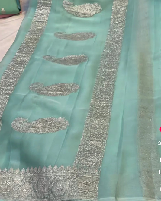 Mint Silver Zari Paisley Elegance Saree