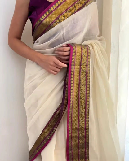 Premium Off White Cotton Silk Saree with Purple & Gold Zari Border