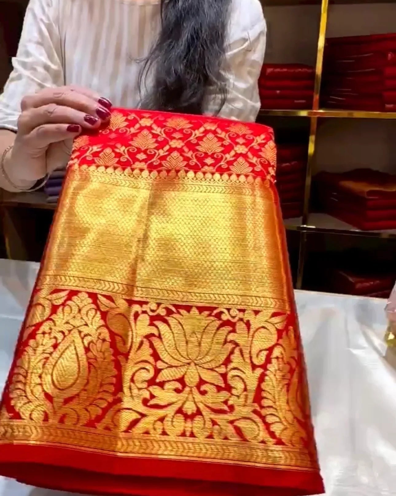 Red Banarasi Silk Saree with Heavy Gold Zari Border