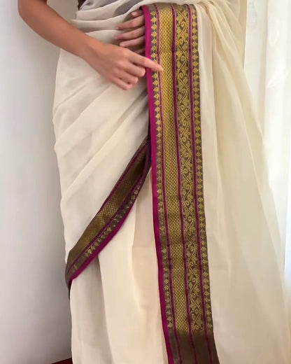 Premium Off White Cotton Silk Saree with Purple & Gold Zari Border