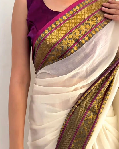 Premium Off White Cotton Silk Saree with Purple & Gold Zari Border