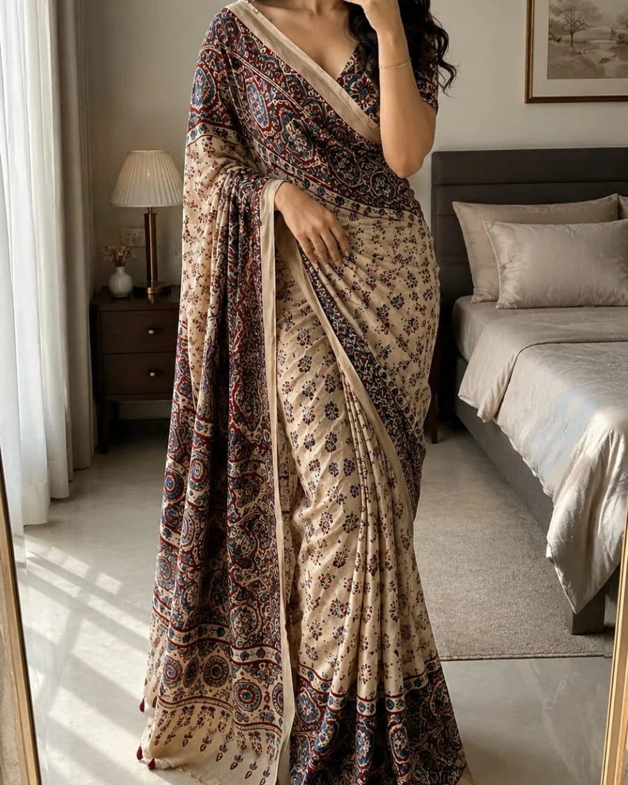 Ivory Ajrakh Grace Saree