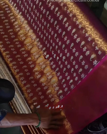 Royal Cream Kanjivaram Soft Silk Saree with Maroon Contrast Border