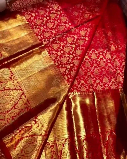 Red Banarasi Silk Saree with Heavy Gold Zari Border