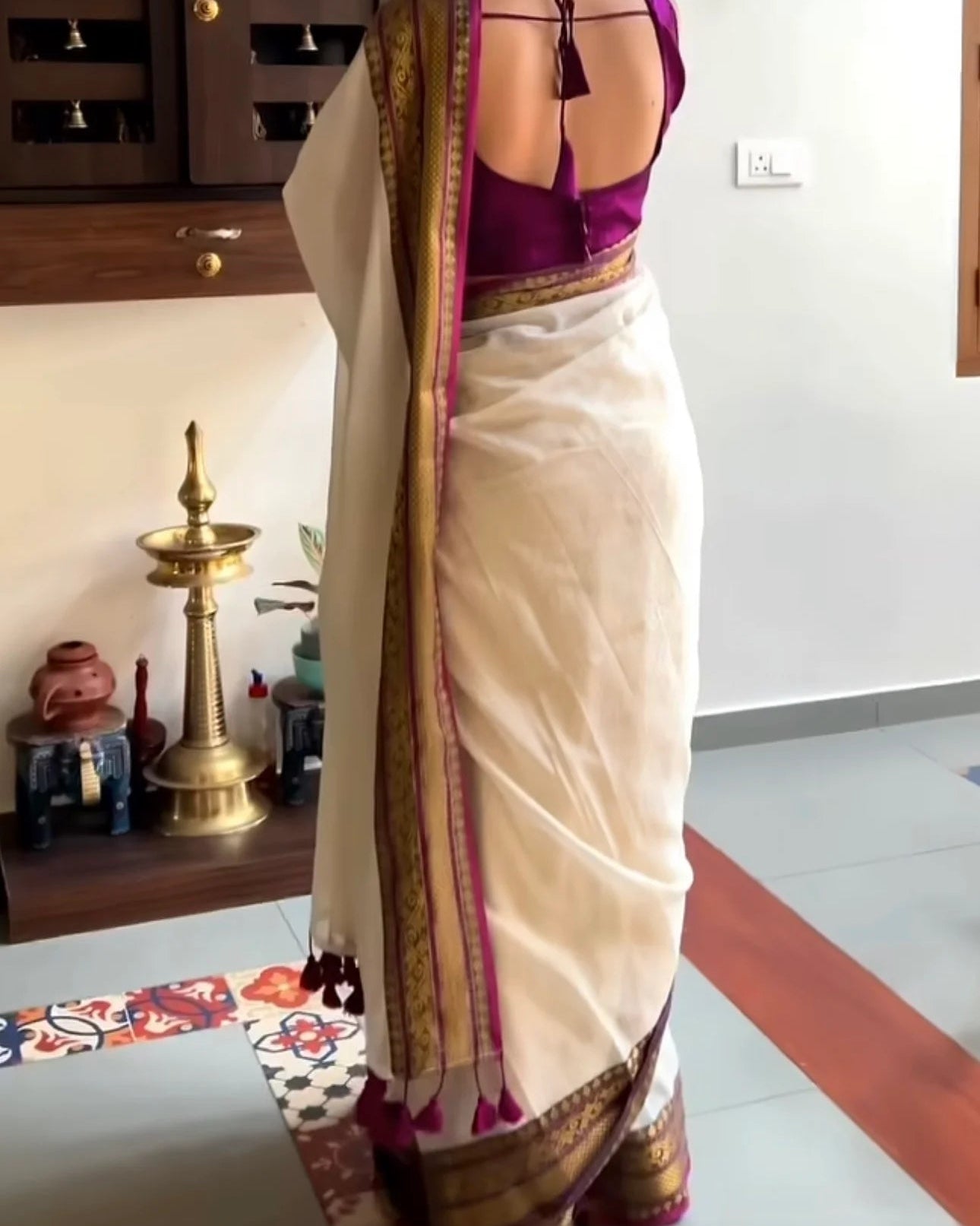 Premium Off White Cotton Silk Saree with Purple & Gold Zari Border