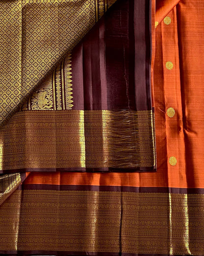 Antique Gold Silk Saree With Aubergine Border And Rust Pallu