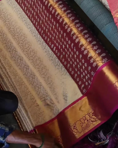 Royal Cream Kanjivaram Soft Silk Saree with Maroon Contrast Border