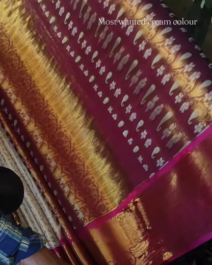 Royal Cream Kanjivaram Soft Silk Saree with Maroon Contrast Border