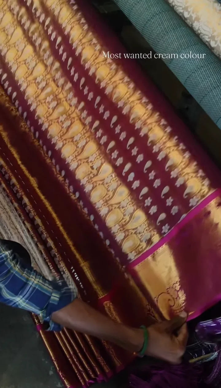Royal Cream Kanjivaram Soft Silk Saree with Maroon Contrast Border