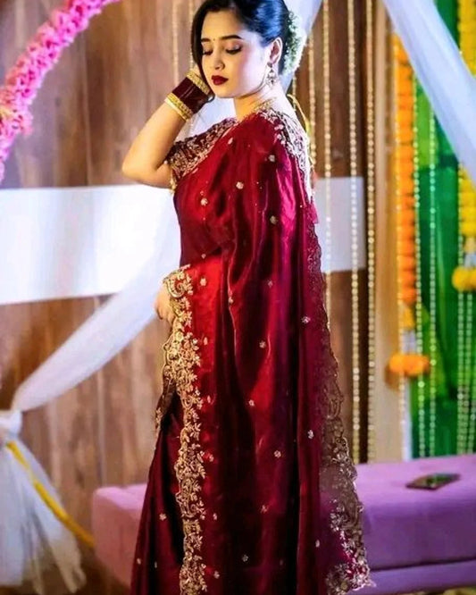 Crimson Rose Zari Embroidery Saree