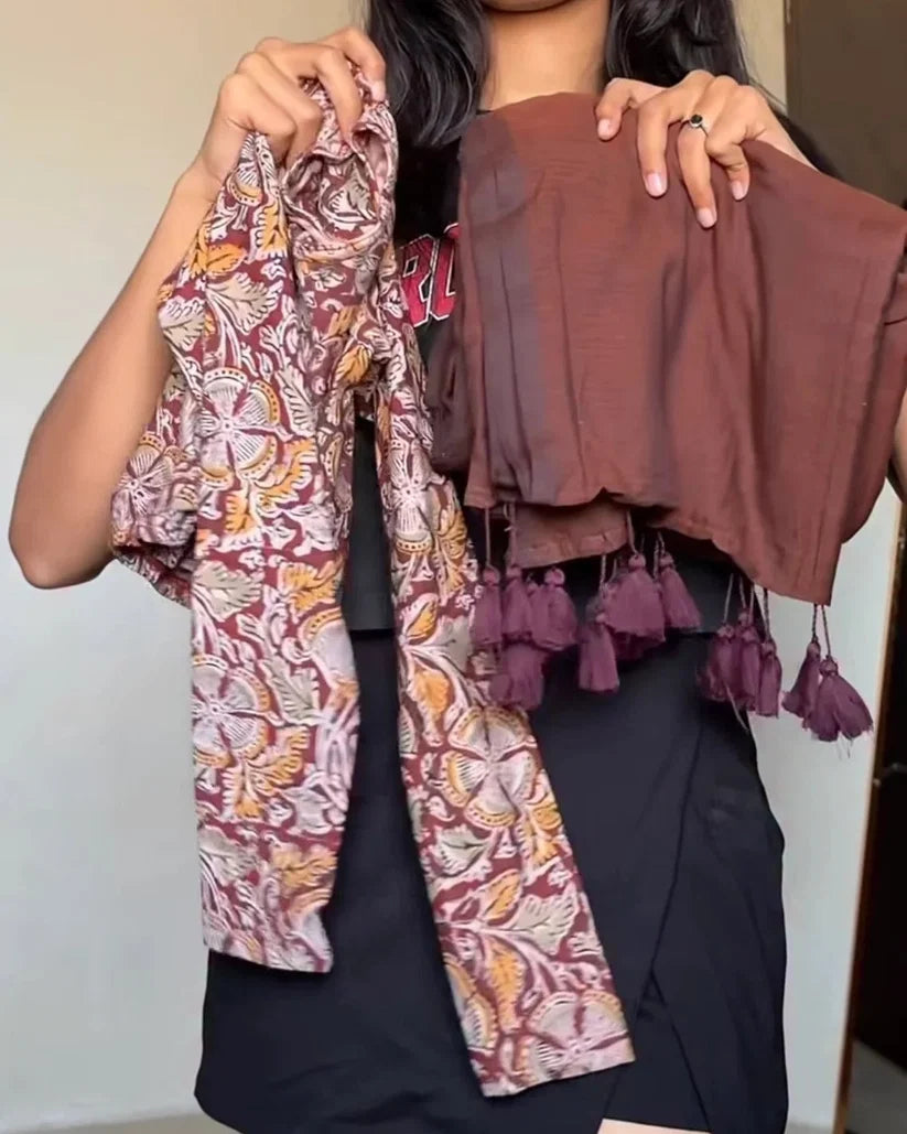 Coffee Brown Floral Printed Cotton Blend Saree with Tassel Pallu