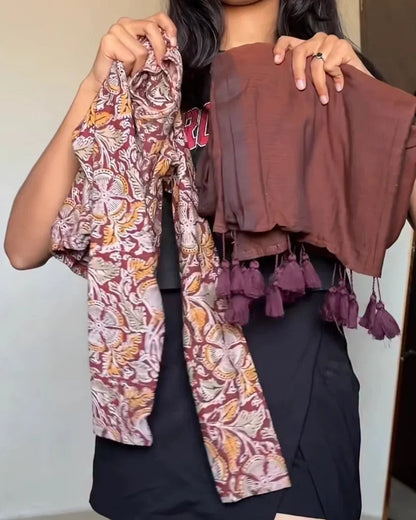 Coffee Brown Floral Printed Cotton Blend Saree with Tassel Pallu