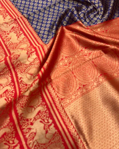 Close-up of a red and blue patterned fabric