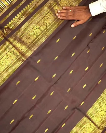 Brown saree with gold patterns and a hand touching the fabric